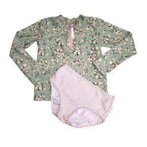 Ruffle Butts Girl 6 Floral Rash Guard & Striped Bottoms Swim Suit Set 3884